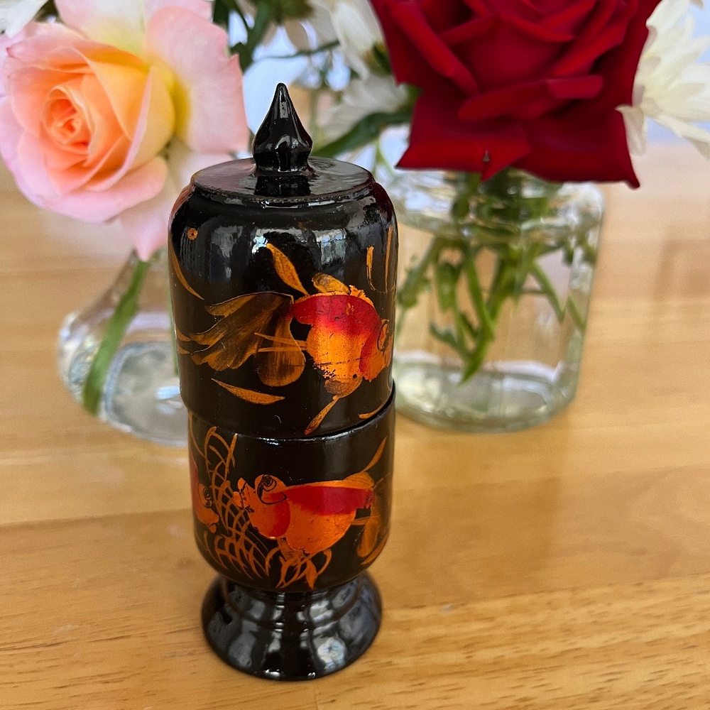 Vintage 2-Piece Goldfish Black Lacquered Wood Toothpick or Match Holder